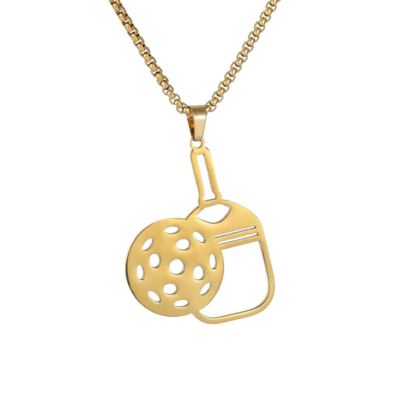 Stainless Steel Hollow Pickleball Paddle Pendant Necklace with Diamond Trendy Chains Unisex Gift Jewelry