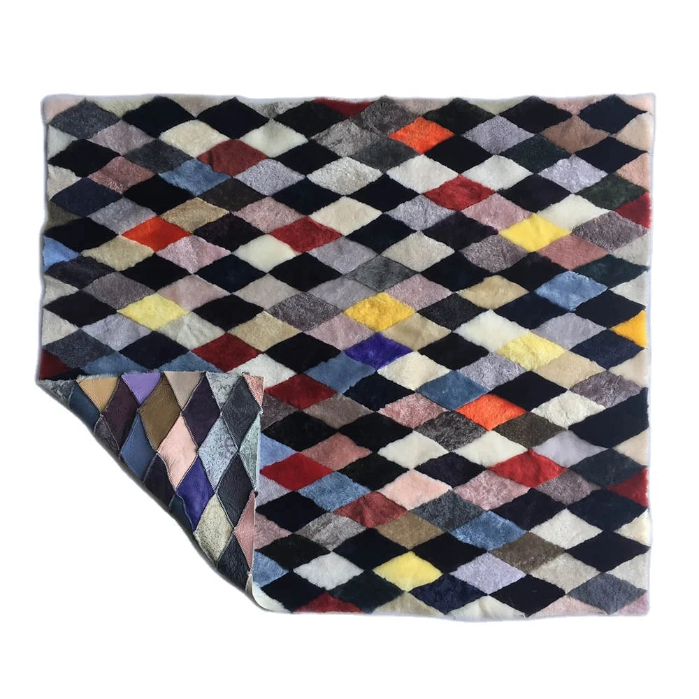 MWFur Fashion Sheepskin Blanket Patchwork Plaid Design Lamb Fur Blanket Plaid Patchwork Bedding Sets