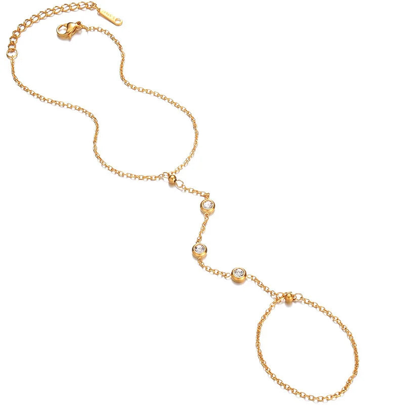 YF3917 New Stainless Steel Jewelry 18k Gold Plated Waterproof Zircon Ring Conjoined Bracelet for Women