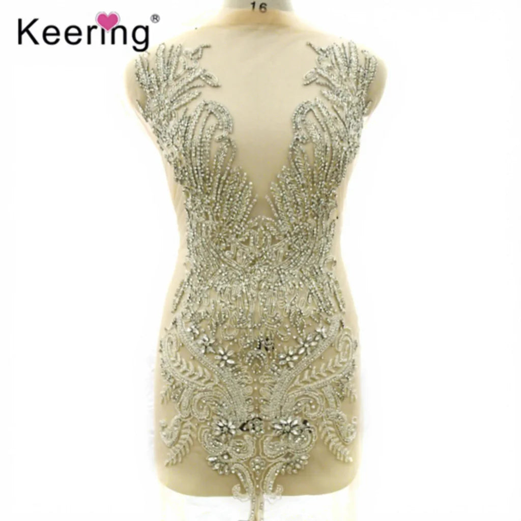 WDP-358 Handmade Rhinestone Appliques Bodice Lace Patch for Wedding Dress