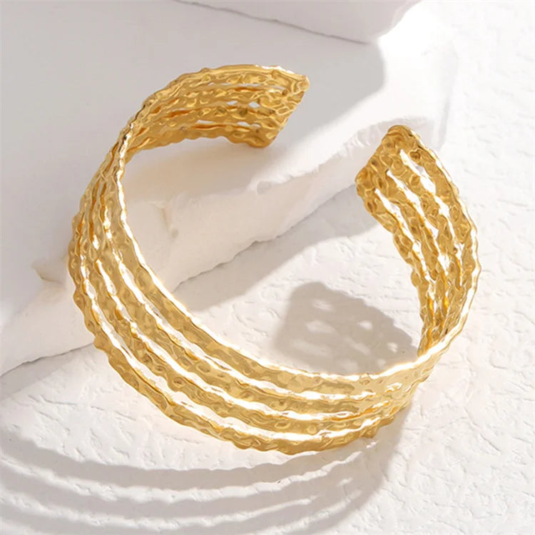 Wholesale No Fade Titanium Steel High End Personalized Versatile Irregular Pattern Open Multi-Layers Wide Bracelet