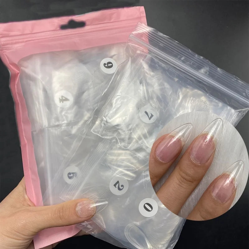 Custom Private Label False Almond Nail Tips Salon Full Cover Sculpted Clear Stiletto Tips Nails 500Pcs Transparent
