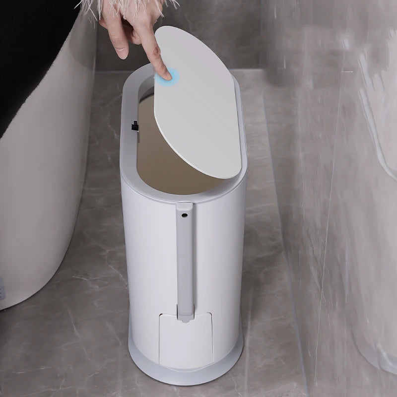 Odorless Plastic Kitchen Storage Trash Can Push-To-Open Waste Bin with Open Top Toilet Brush for Home and Restaurant Bathrooms