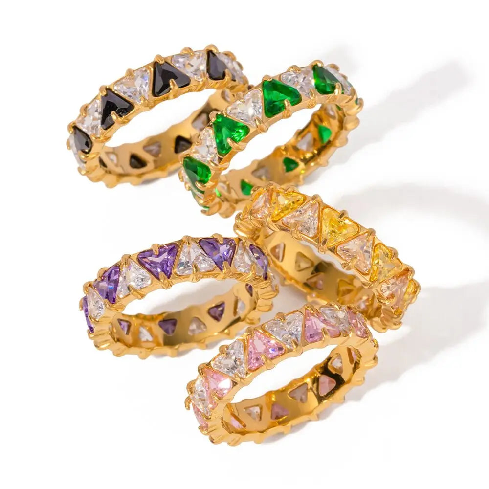 Stainless Steel Rings Set 18k Gold Plated Colorful Summer Jewelry Waterproof Triangle Stone Wholesale Zircon Ring for Women