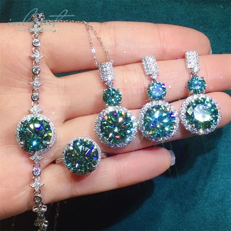Silver 925 Original Total 28 Ct Brilliant Cut Diamond Test Past Green Moissanite Jewelry Sets Ring Earrings Necklace Bracelet
