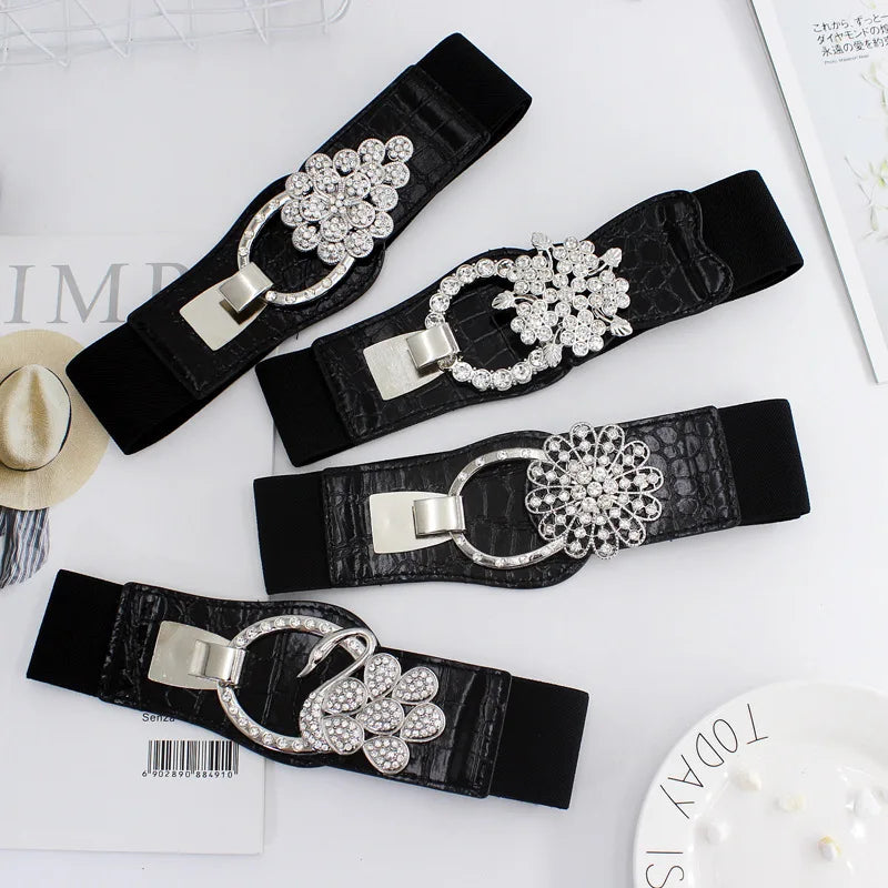 Vintage Wide Elastic Stretch Waist Belt Retro Cinch Diamond Buckle Belt Dress Belt for Women Girls Daily Collocation