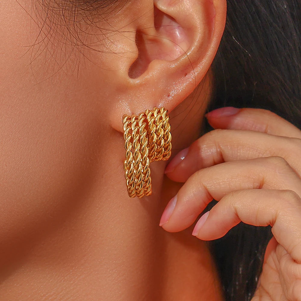 Wholesale Fashion Jewelry 18K Gold Plated Screw Twisted Earring Stainless Steel C Shaped Hoop Earrings for Women