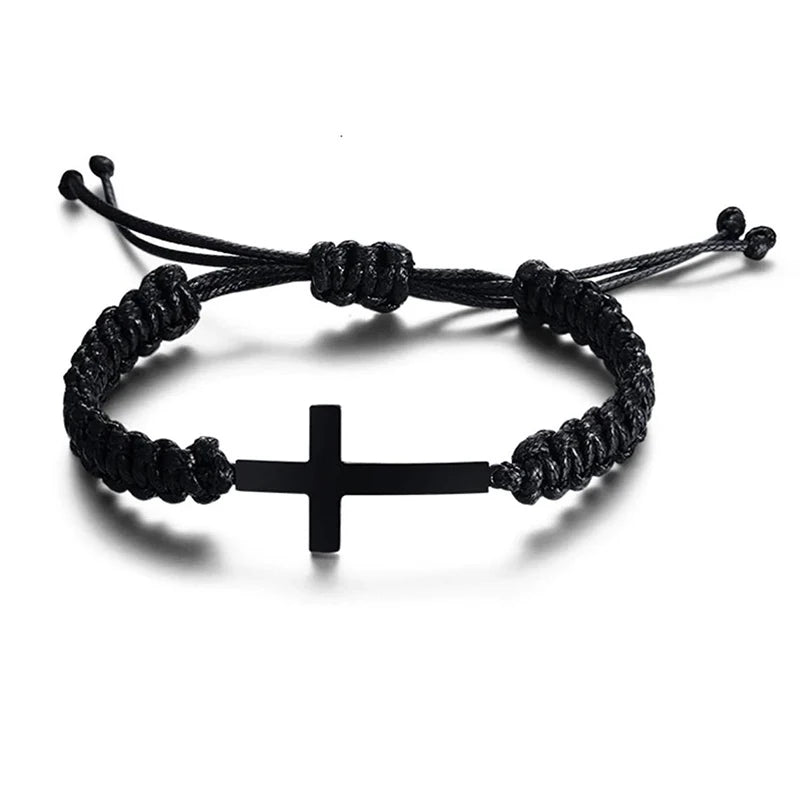 Latest Design Adjustable Bracelets Black Steel Cross Personalized Braided Rope Bracelet for Men Women Religious Jewelry