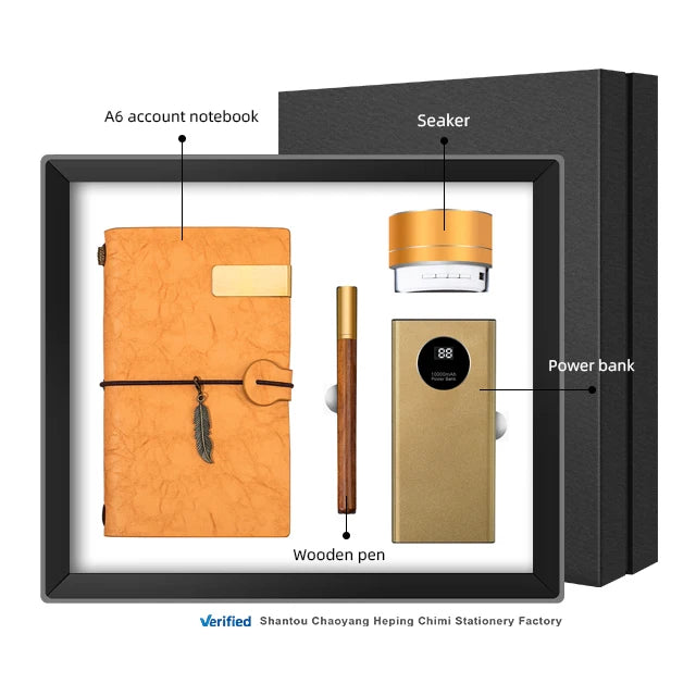 Hot Sale Customized Retro Leaf PU Notebook Set Solid Wood Sign Pen Voice Box & 10000mAh Wireless Power Bank Men's Gift Set MegaBDM
