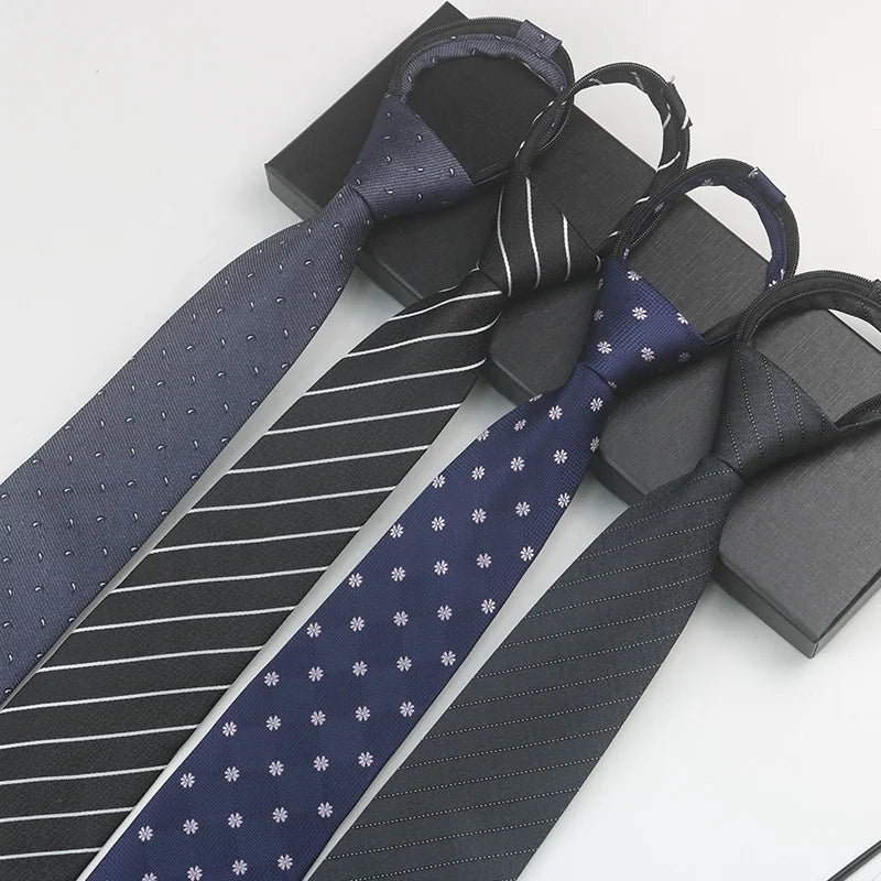 Manufacturer Wholesale Self-locking Zipper Neck Tie Custom Striped Checked Polyester Neck Ties Zip Neckties for Men