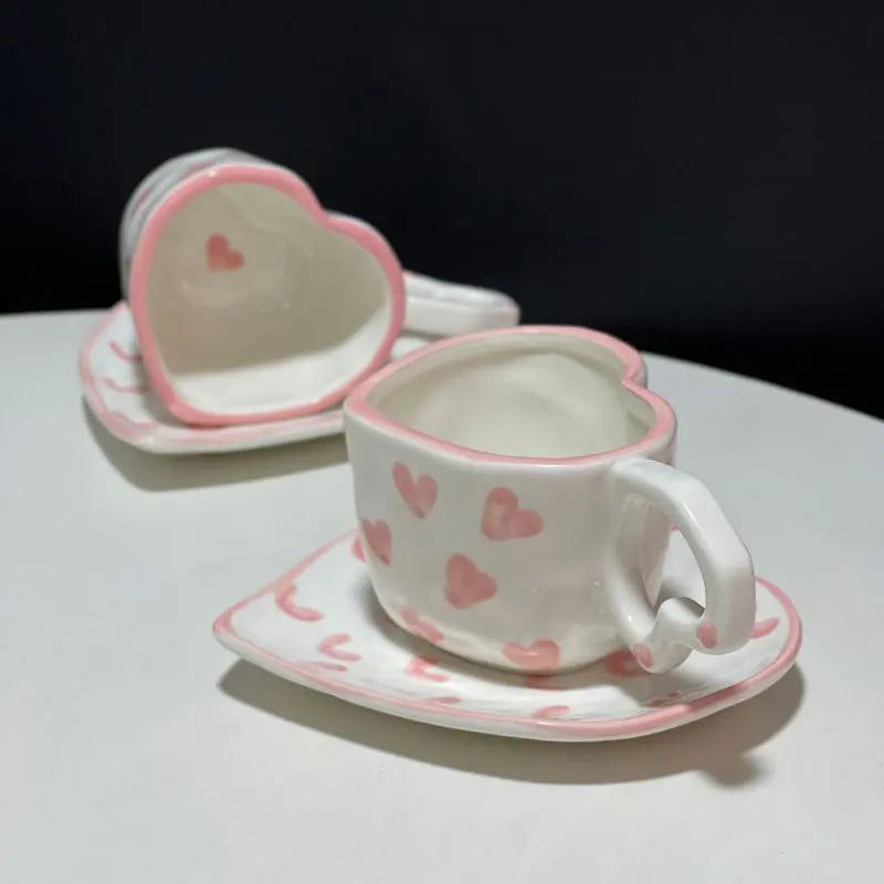Creative Cute Pink Love Ceramic Cup Saucer Set Hand-Painted & Hand-Made Underglaze Fresh Little Peach Heart Design Gift Mugs