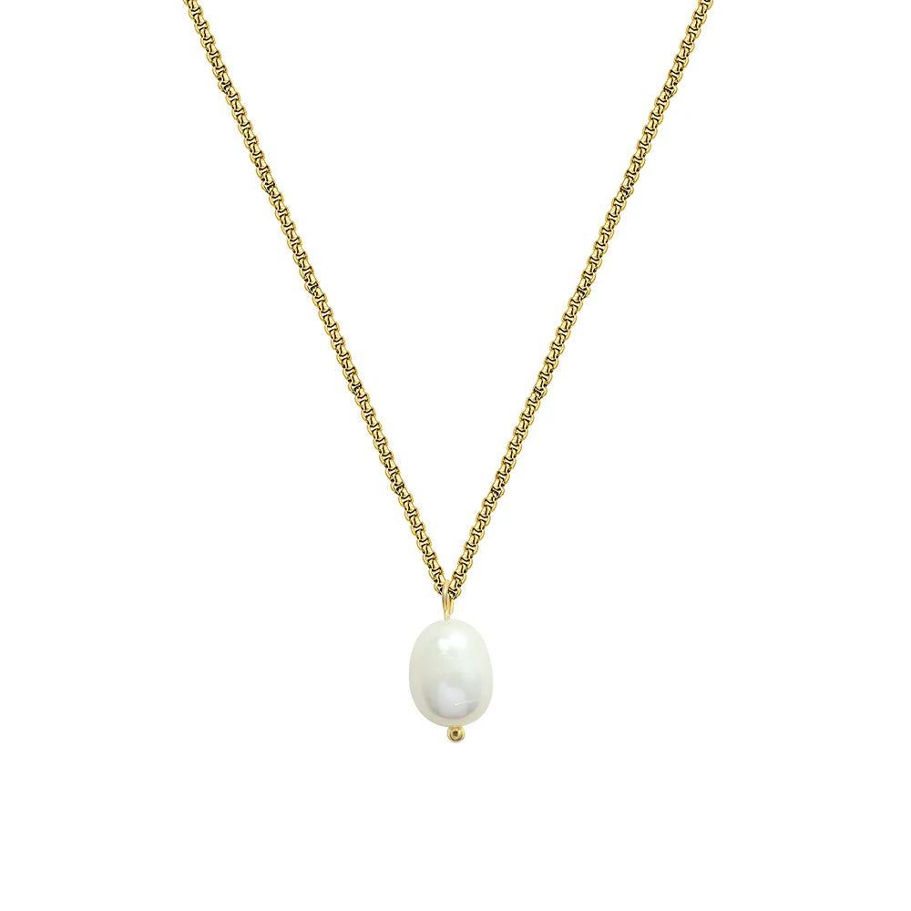 French Design Vintage Simple Freshwater Pearl Necklace Women Steel Pendant Rose Link Pattern Plated Engagement Anniversary Gift
