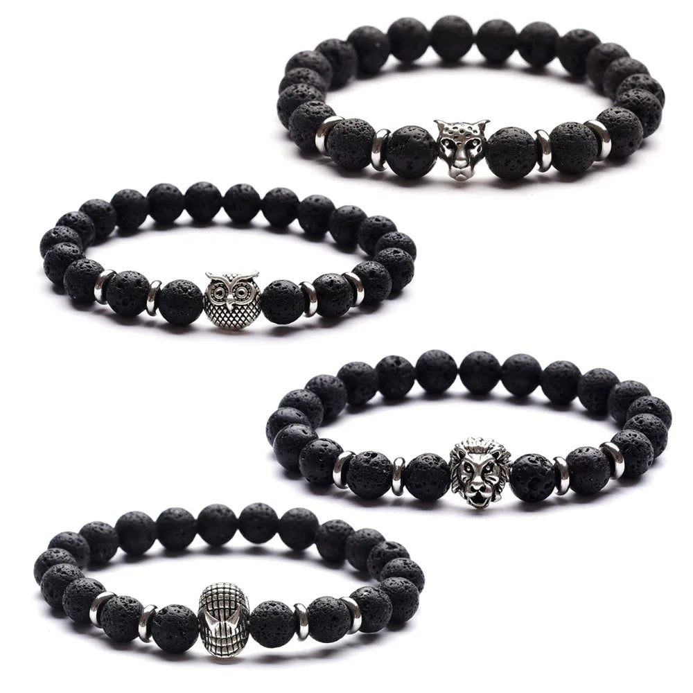 Gold Lion Head Men Bracelet Matte Volcano Lava Stone Bracelet for Women Men Fashion Bracelet Jewelry Animal