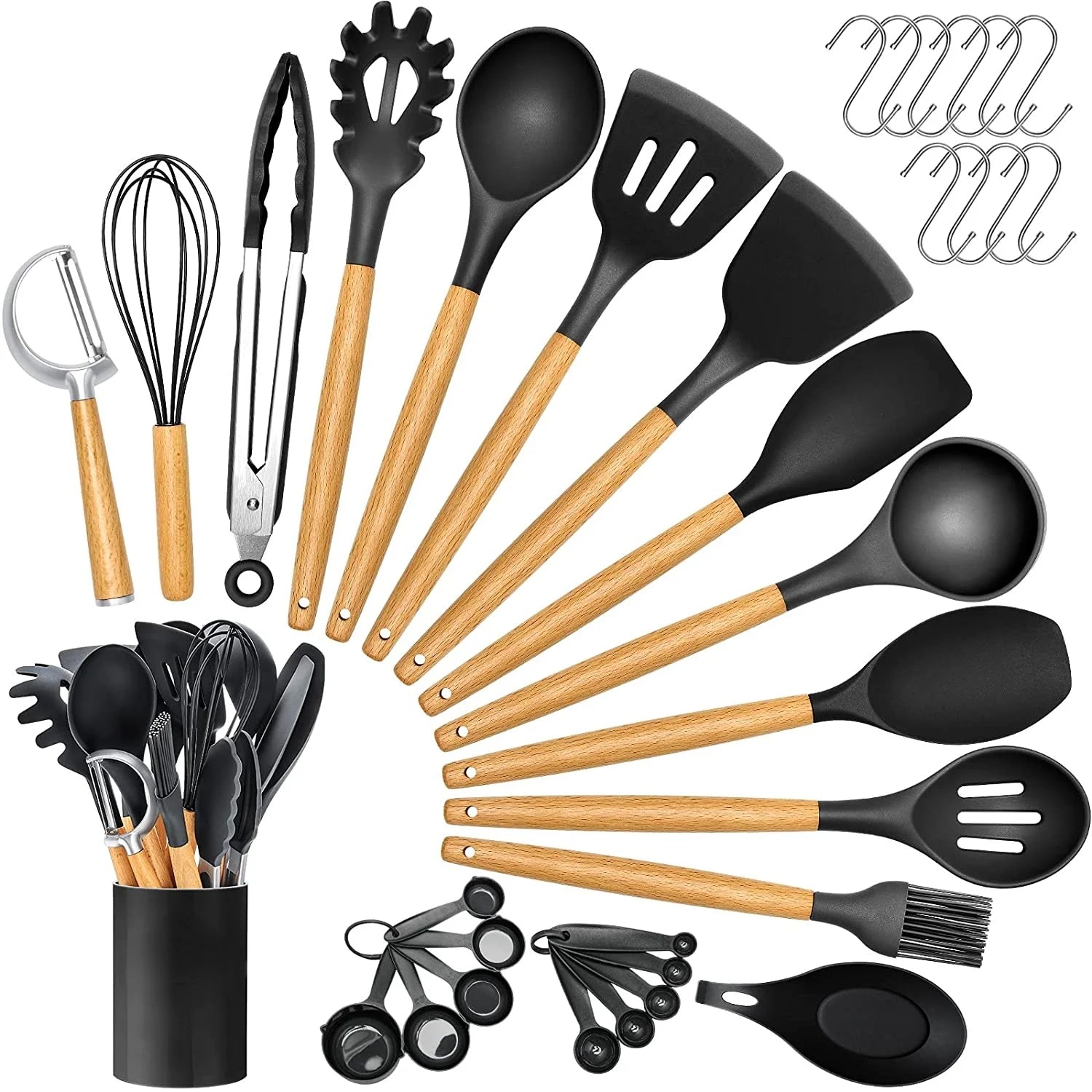 34PCS Silicone Cooking Tools Kitchen Utensils Set with Wooden Handle Heat Resistant Kitchen Accessories Set
