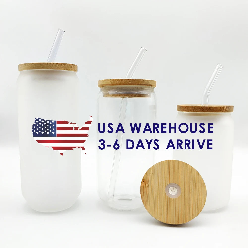 US Warehouse 12 16 20 Oz Clear Frosted Sublimation Blanks Beer Glass Can with Bamboo Lid and Transparent Glass Straw