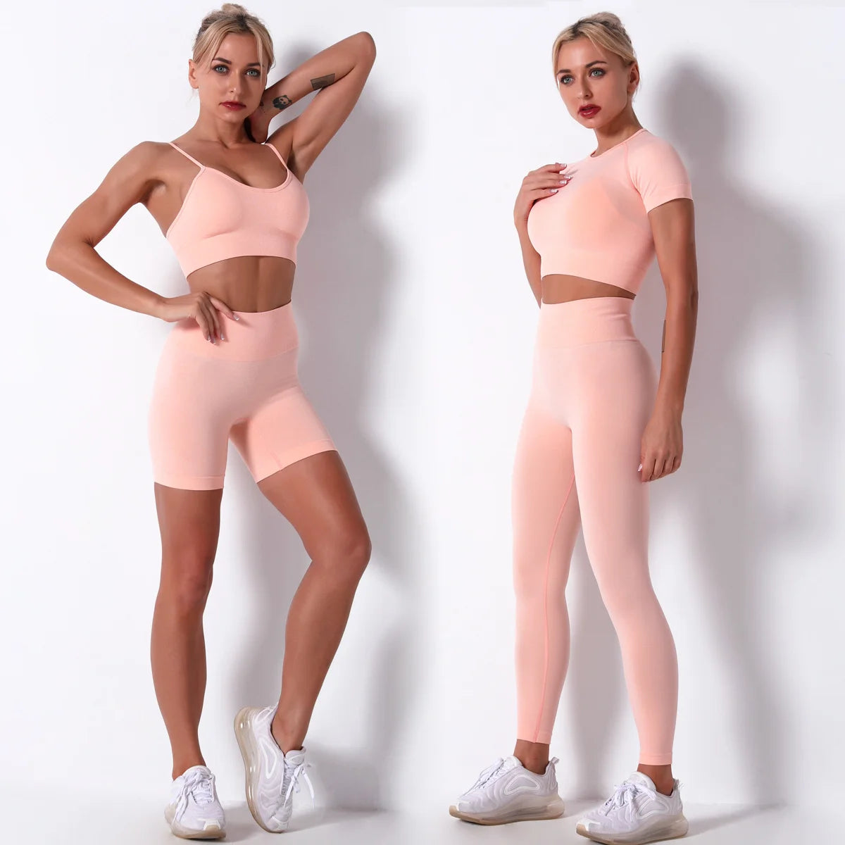 Wholesales High Waisted Long Short Sleeve Fitness Crop Tops Sports Gym Running Jogging Leggings Shorts Suit Yoga Sets