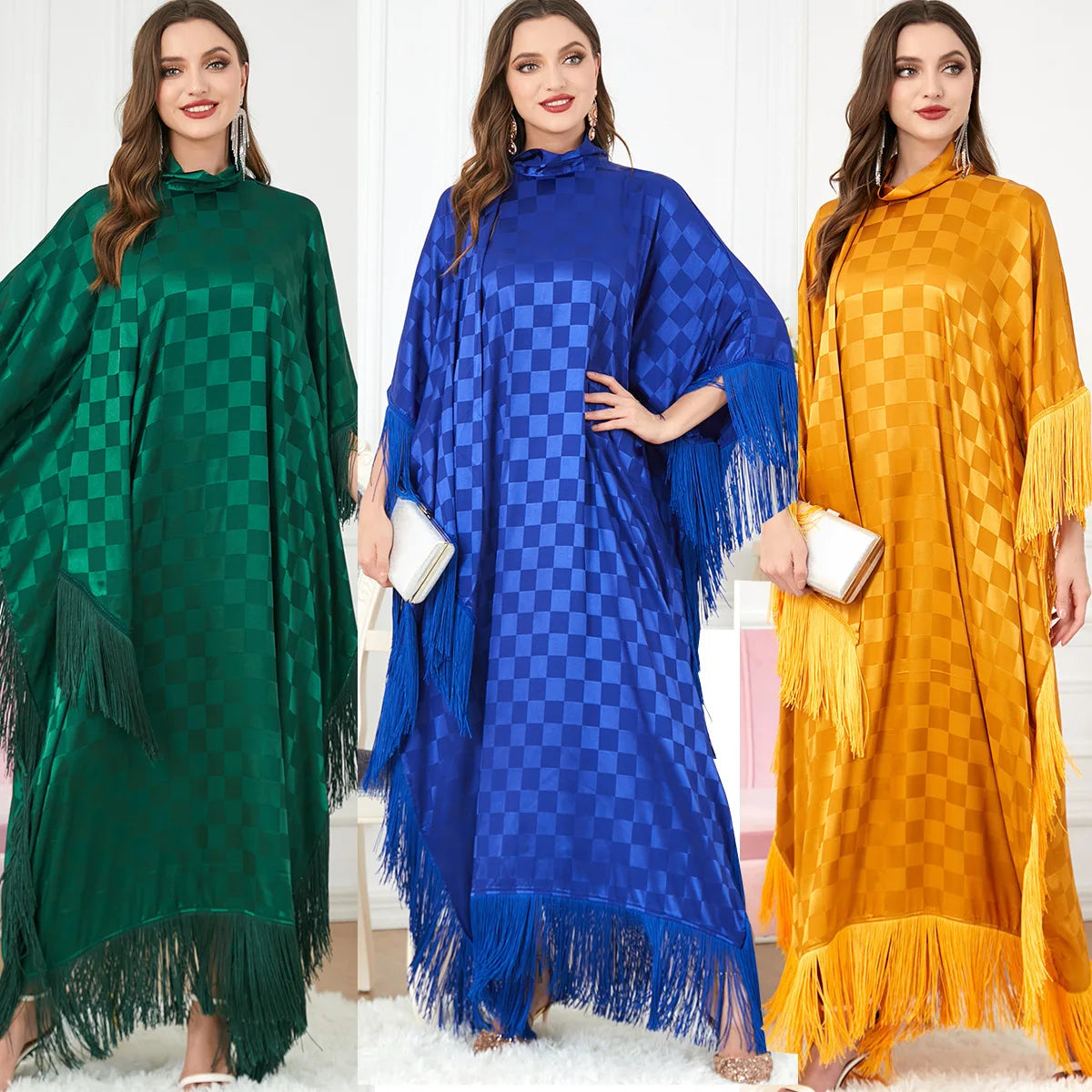 Islamic Ladies Elegant Modest Dess Muslim Dolid Color Batwing Sleeve Abaya Dress With Tassel