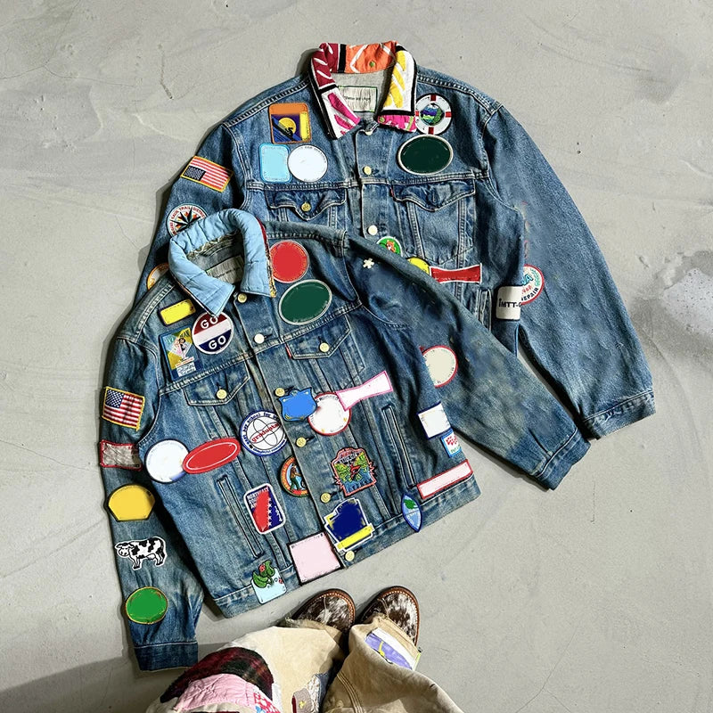 YSJY Wholesale Custom Classic Jean Jacket Men Acid Wash Ripped Embroidered Patch Streetwear Denim Jacket