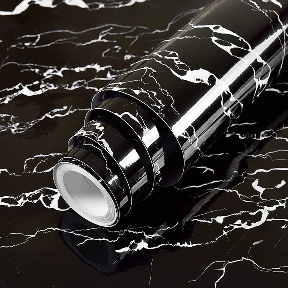 ORON DECO 24X196.8 Inch Glossy Black Marble Wallpaper Roll Self Adhesive PVC Waterproof Marble Sticker for Kitchen Countertops