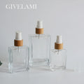 Hot Sale 30ml 50ml 100ml Square Flat Transparent Clear Glass Essential Oil Spray Bottle in Bamboo Wooden Fine Mist Spray