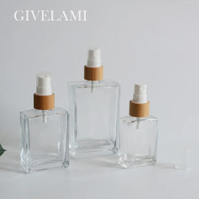 Hot Sale 30ml 50ml 100ml Square Flat Transparent Clear Glass Essential Oil Spray Bottle in Bamboo Wooden Fine Mist Spray