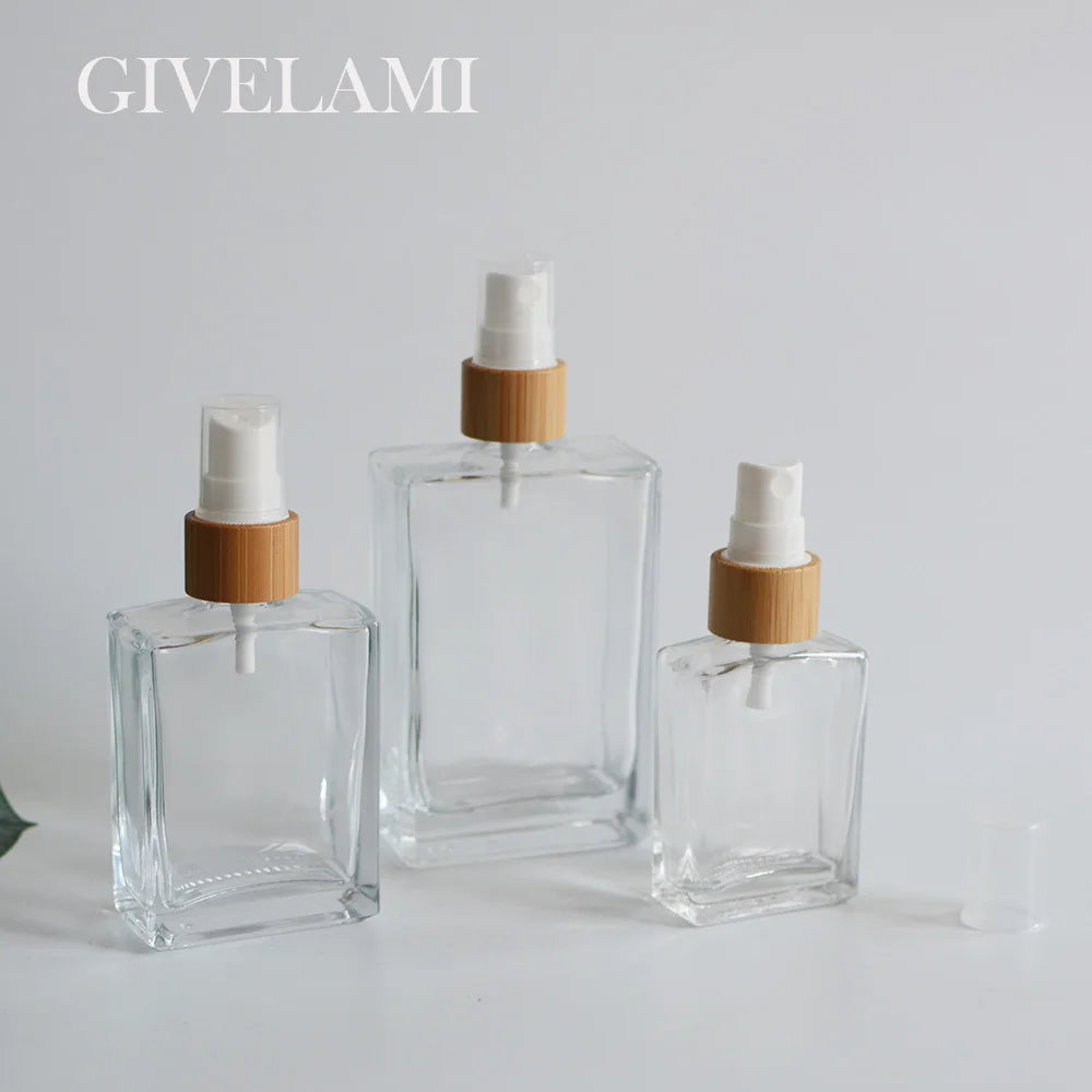 Hot Sale 30ml 50ml 100ml Square Flat Transparent Clear Glass Essential Oil Spray Bottle in Bamboo Wooden Fine Mist Spray