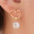 Fashionable Gold Hollow Heart Shaped Earrings Round Rhinestone Pendant Dorp Earrings