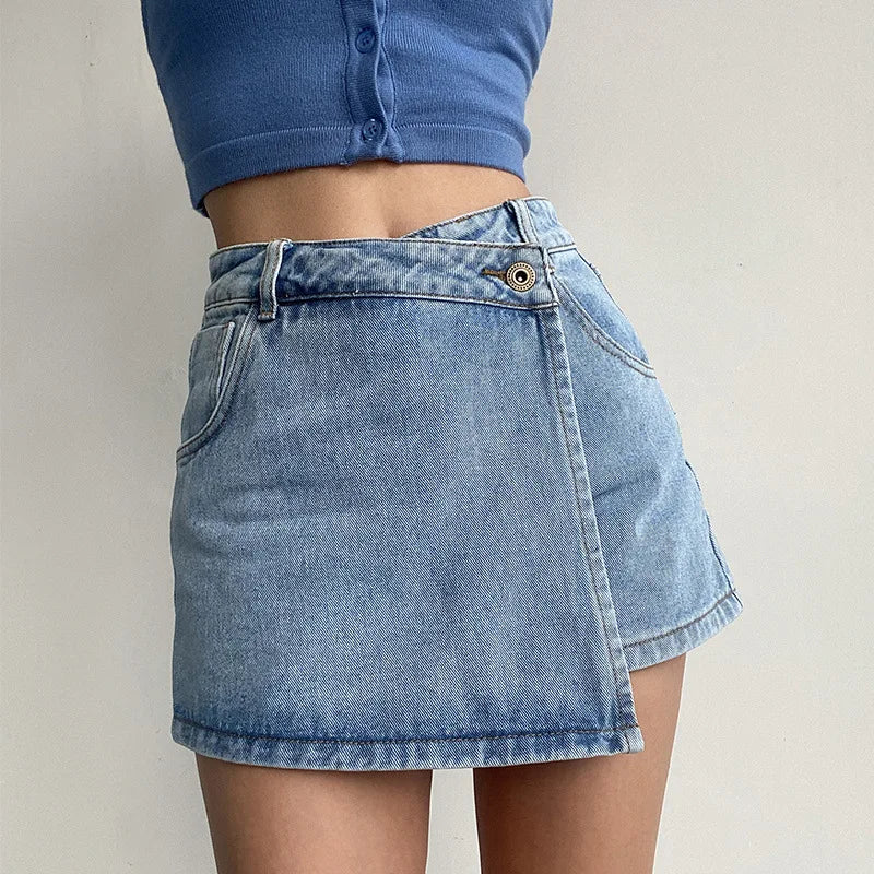 Y2K Style Women's High-waisted Denim Short Skirt Asymmetric Cutting Design Summer Casual Mini Dress