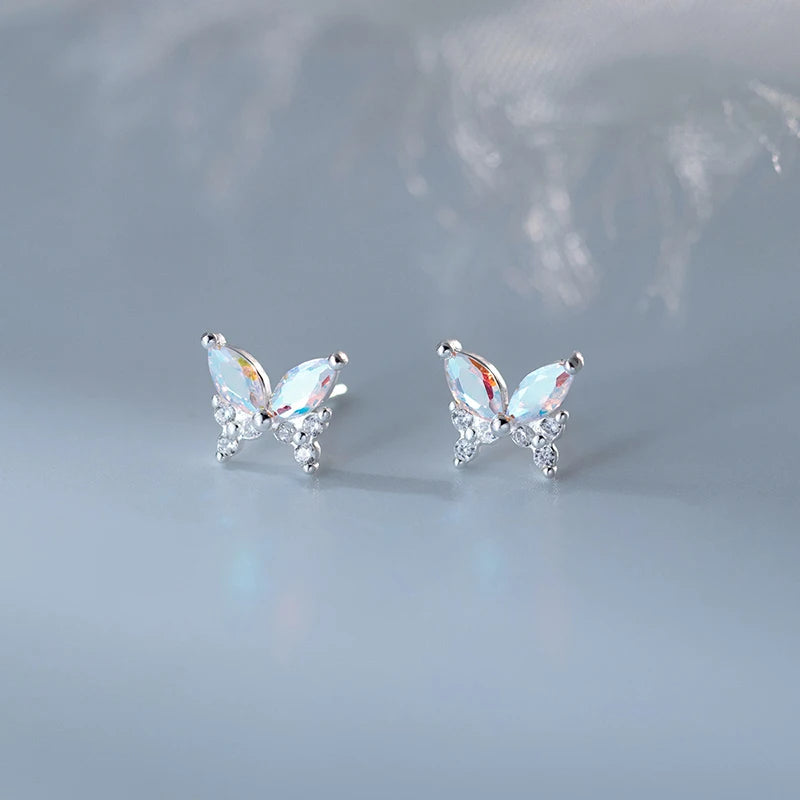 Romantic Color Zircon Gold-Plated 925 Sterling Silver Earrings Trendy Butterfly Stud Ear Bone Piercing Accessories for Parties