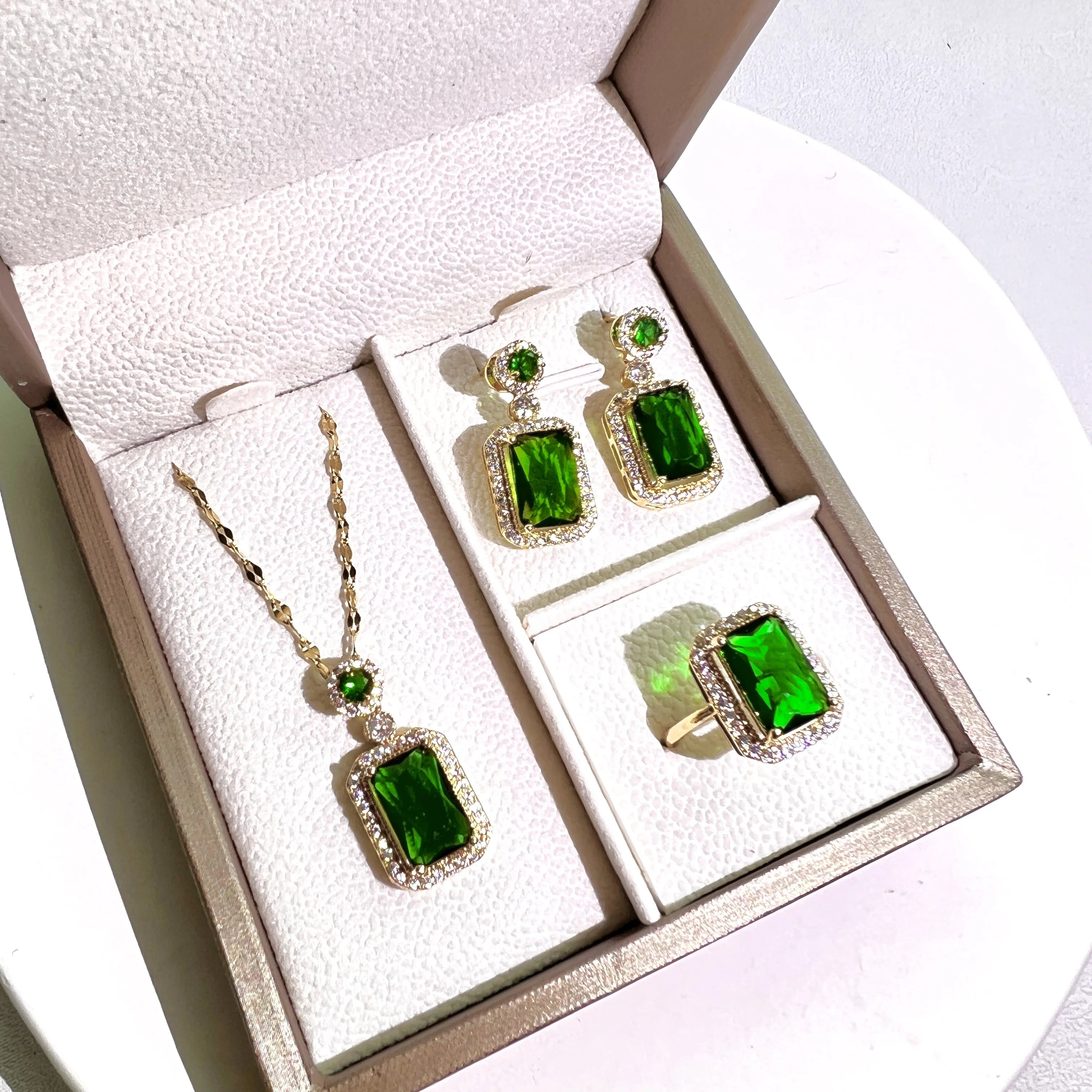18K Gold Plated Rectangle Green Zircon Stainless Steel Jewelry Set Emerald Stone Necklace Earrings Ring for Wedding or Gift
