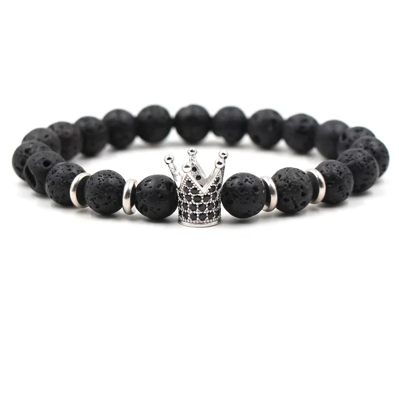 Best Selling Men's Trendy Crown Beaded for Bracelet with Natural Black Volcanic Lava Stone for Anniversaries