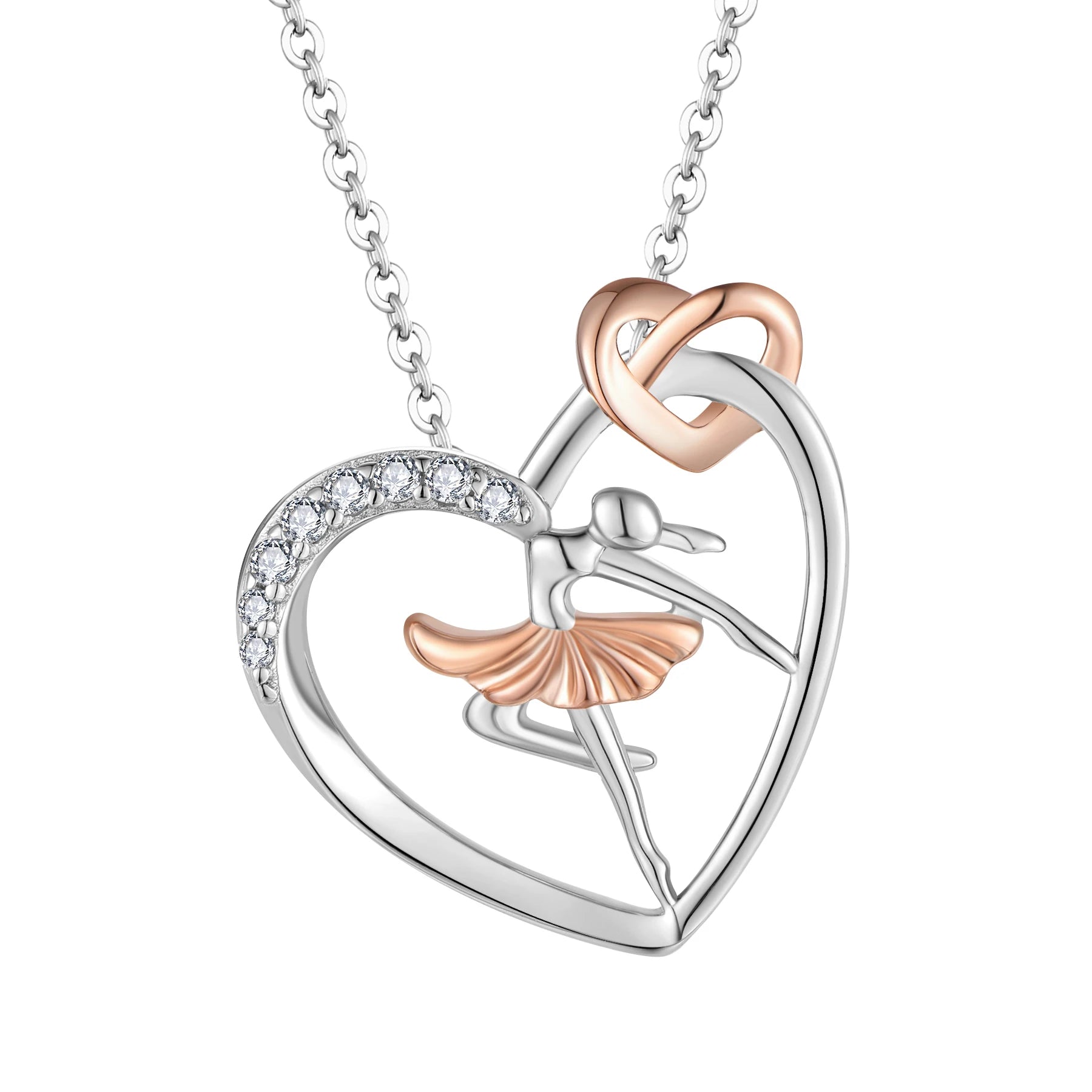 Fine Jewelry 925 Sterling Silver Cube Zircon Ballerina Dancer Lovers Heart Pendant Necklace Diamond Rose Parties Engagements