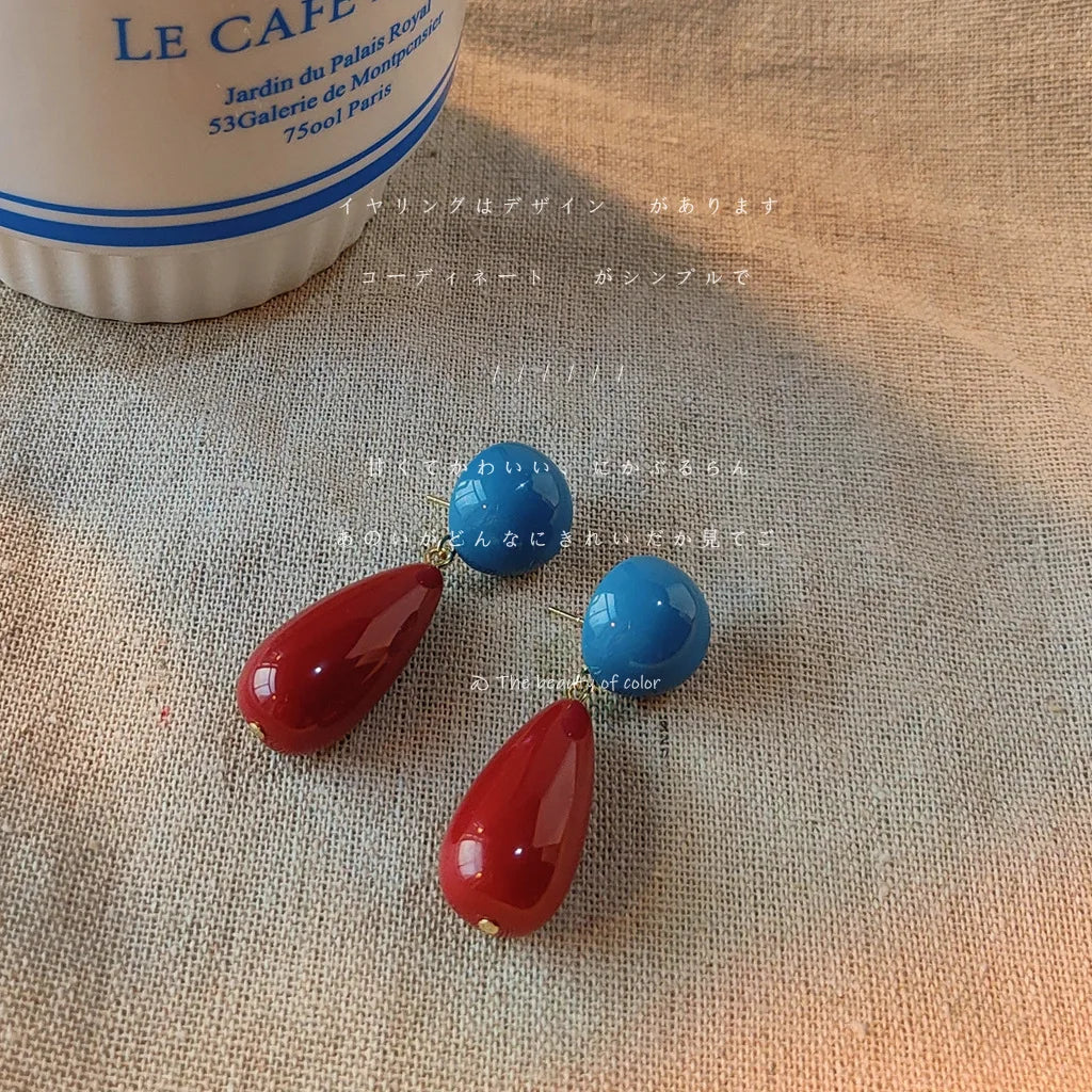 Hot Selling Personality Resin Blue Red Vintage Earrings Retro Beautiful Super Fairy Water Drop Earrings for Women