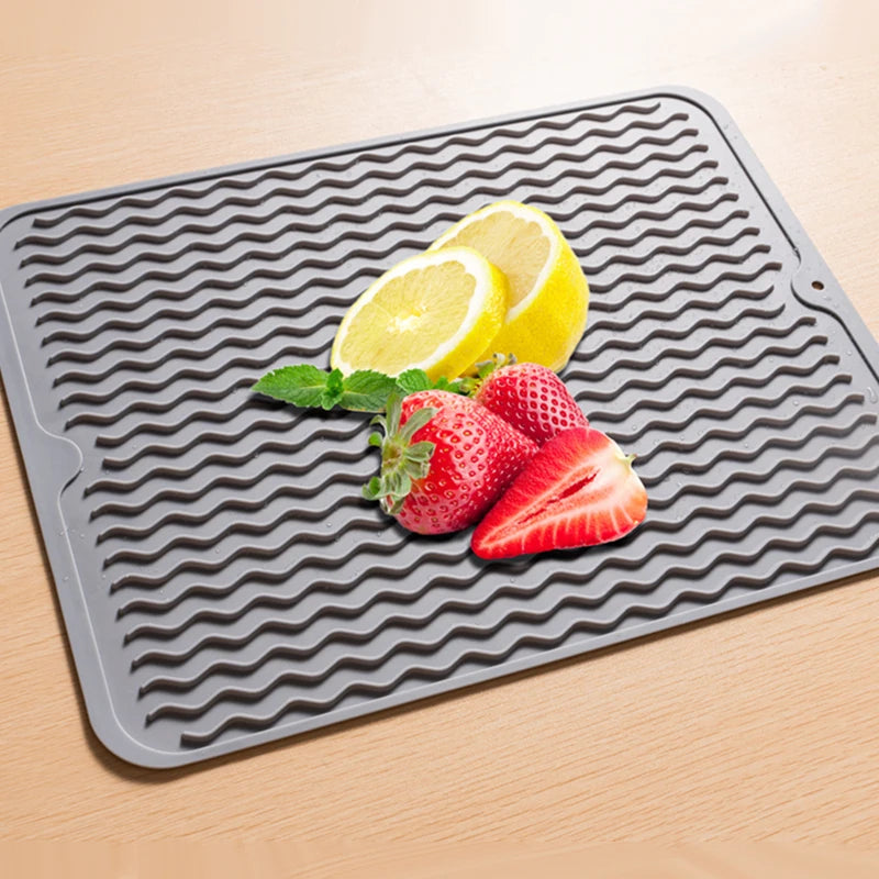 Popular 40x30cm Easy to Clean Save Space Rectangle Wavy Grain Multifunction Silicone Dish Drain Drying Mats With Hole