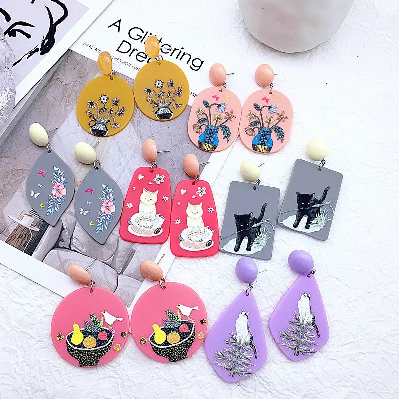 2025 Cartoon Simple Small Fresh Wind Geometric Relief Cat Print Acrylic Earrings for Women