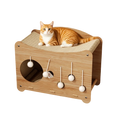 Luxury Double Layer Wooden Bed for Indoor Cats 2 Tier Elevated Cat House with Hanging Ball Toy Cat Beds with Scratch Pad
