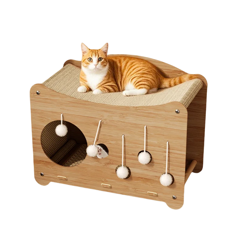 Luxury Double Layer Wooden Bed for Indoor Cats 2 Tier Elevated Cat House with Hanging Ball Toy Cat Beds with Scratch Pad