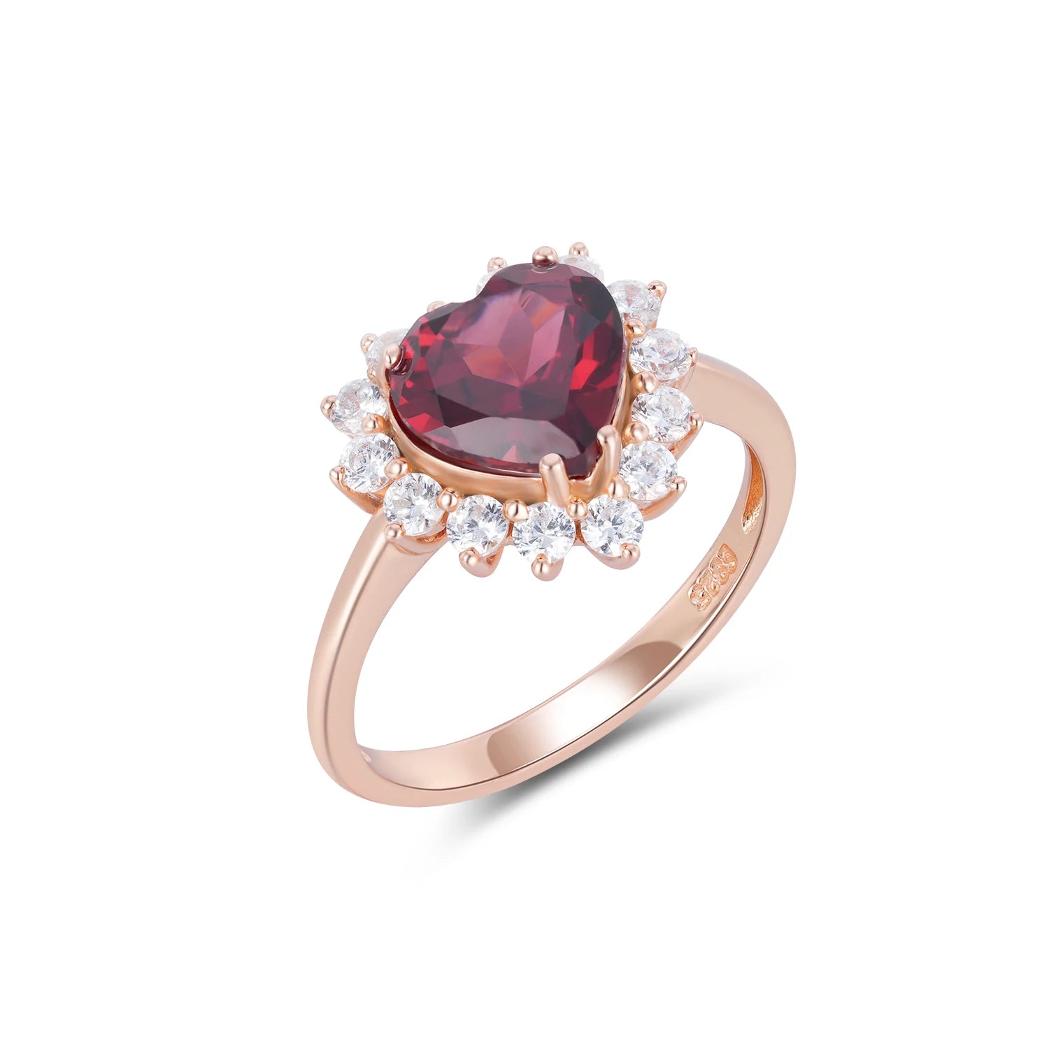 YBO 925 Sterling Silver Women's Wedding Engagement Rings Natural Stone & Rose Gold Plated Heart Garnet Inlaid for Parties