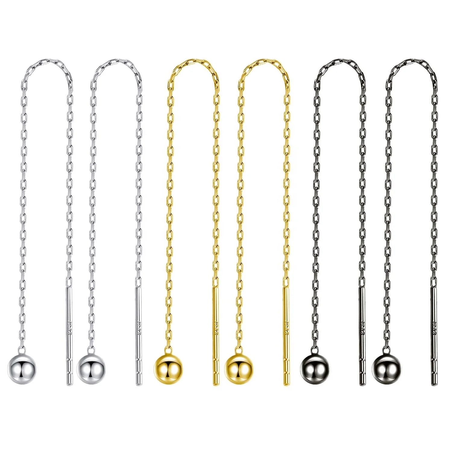 NEW Trendy Bead Ball 18K Gold Earring Threader Long Cross Link Chain Pull Through Earrings Ear Wire Dangle Tassel Earing Threads