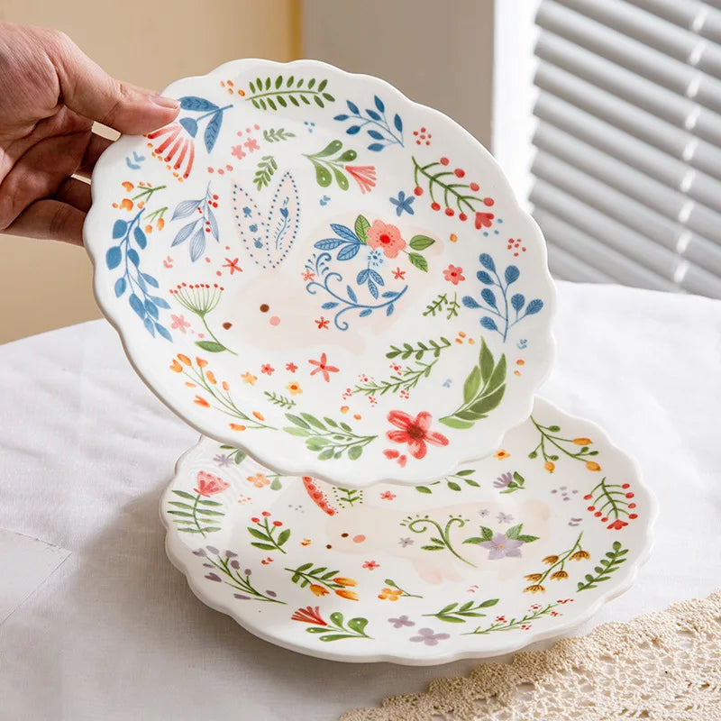 Easter Gifts Decorating Plates Dining Easter Bunny Plate Printed Flower Rabbit Pattern Ceramic Dished Plates