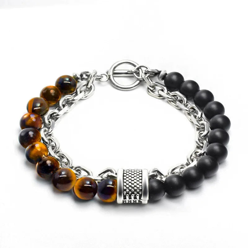 Handmade Stone Beads Beaded Bracelets for Men Natural Stone Brass Chain Double Layers Chunky Hip Hop Bracelet Jewelry
