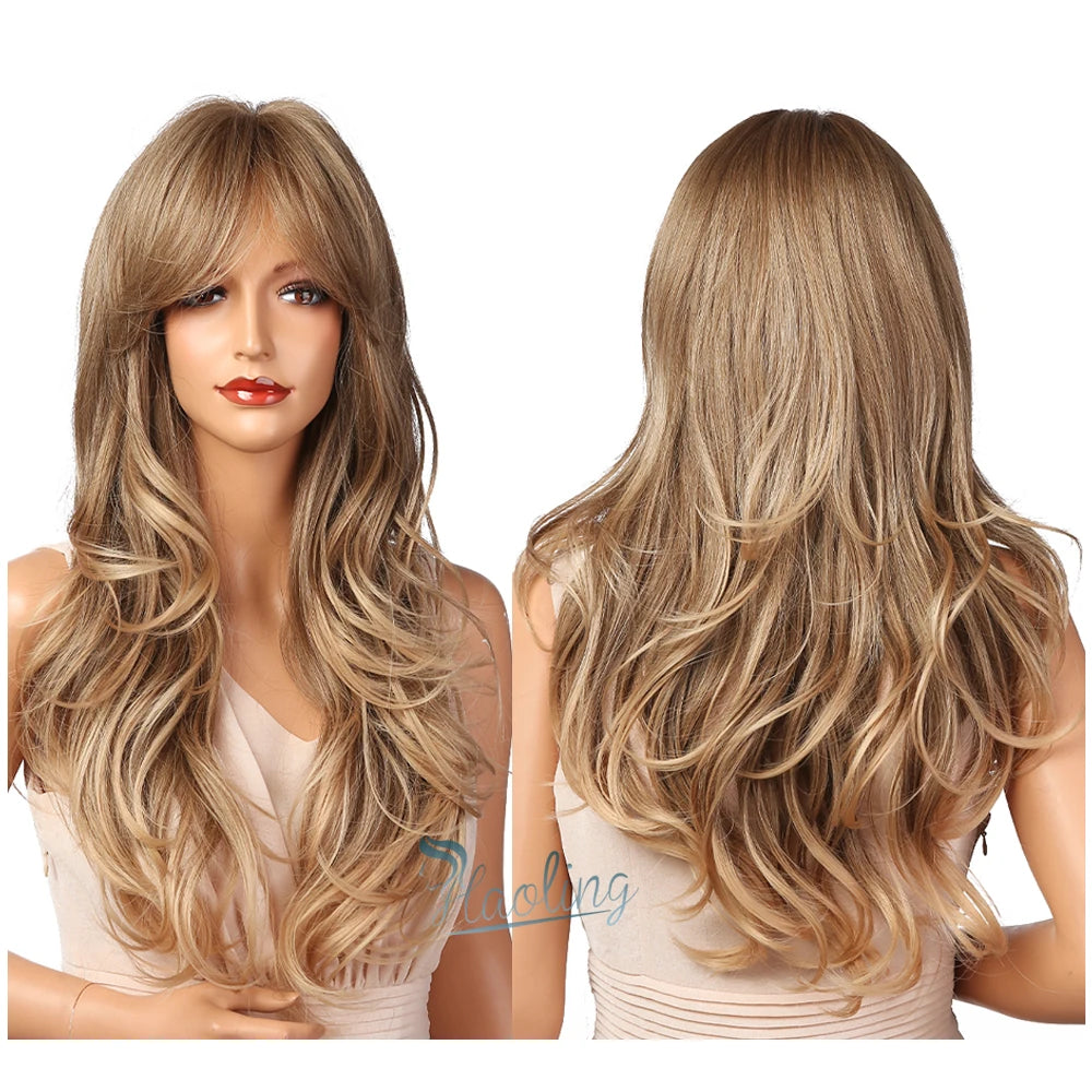 HAOLING OEM/ODM Human Synthetic Blend Wigs Ombre Brown Golden Blonde Synthetic Heat Resistant Fiber Wigs for Black Women