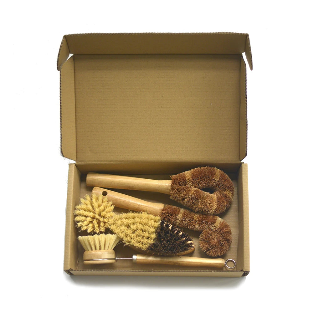 Eco-friendly 5pcs Kitchen Brush Set All Natural Fibre Wooden Floor Vegetable Dish Bottle Pot Brush Sisal Cleaning Brush
