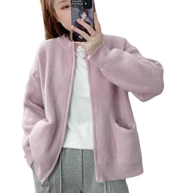 Two-Tone Double Zip Hooded Cardigan for Women Soft Acrylic Knitted Jumper With Single Breasted Closure Ruffles Early Autumn