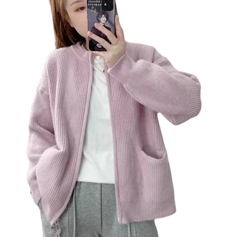 Two-Tone Double Zip Hooded Cardigan for Women Soft Acrylic Knitted Jumper With Single Breasted Closure Ruffles Early Autumn