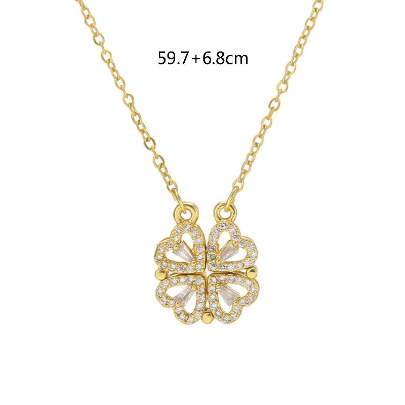 Four Leaf Clover Necklace Retro Magnetic Folding Heart-shaped Clavicle Chain Openable Choker Jewelry With Multi-wearing Models