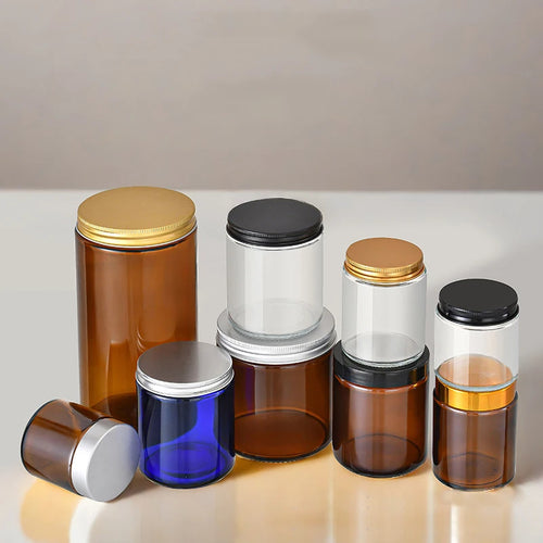 . Cylinder Wide Mouth Empty Amber Glass Candle Jar Aluminum Plastic Cap for Screen Printing