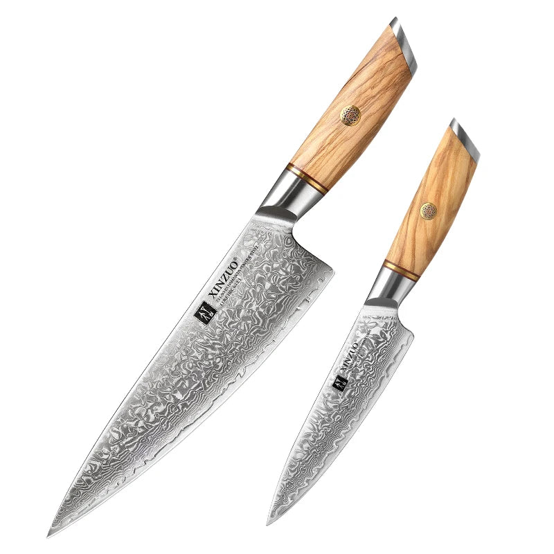 XINZUO Sharp Kitchen Chef Knife Set Custom Damascus Powder Steel 73 Layers Olive Wood Handle