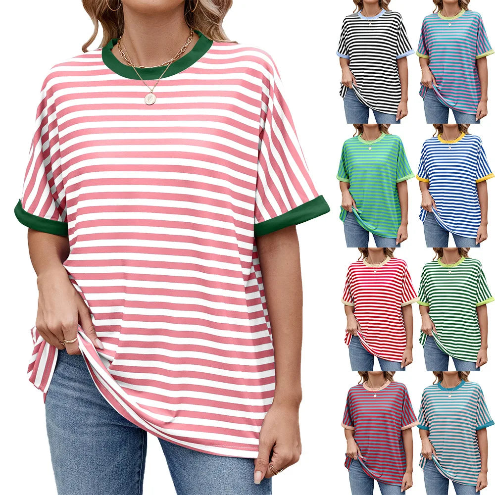 2025 Women T-shirt Women's Spring Summer New Stripe Colorblock Round Neck Loose Short Sleeve T-Shirt Top