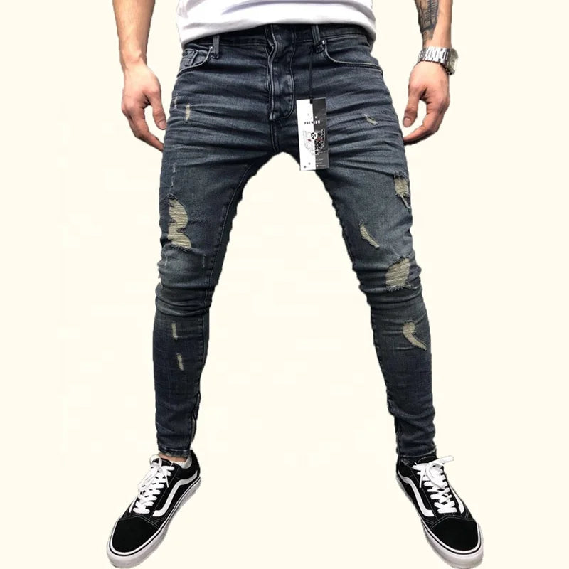 Fashion Men Tapered Jeans Hole Denim Trousers Ripped Jeans Slim for Men Manufacturers Wholesale